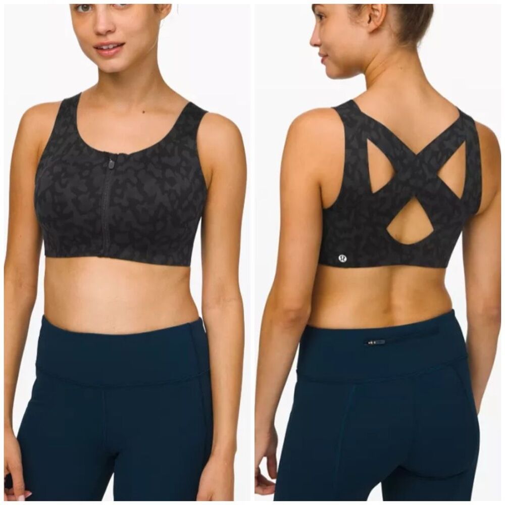 Lululemon Enlite Bra 36A Zip Front Incognito Leopard Camo Multi Grey